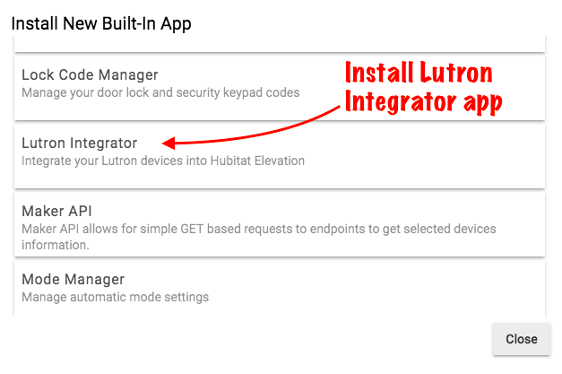Screenshot of "Lutron Integrator" app in Apps list