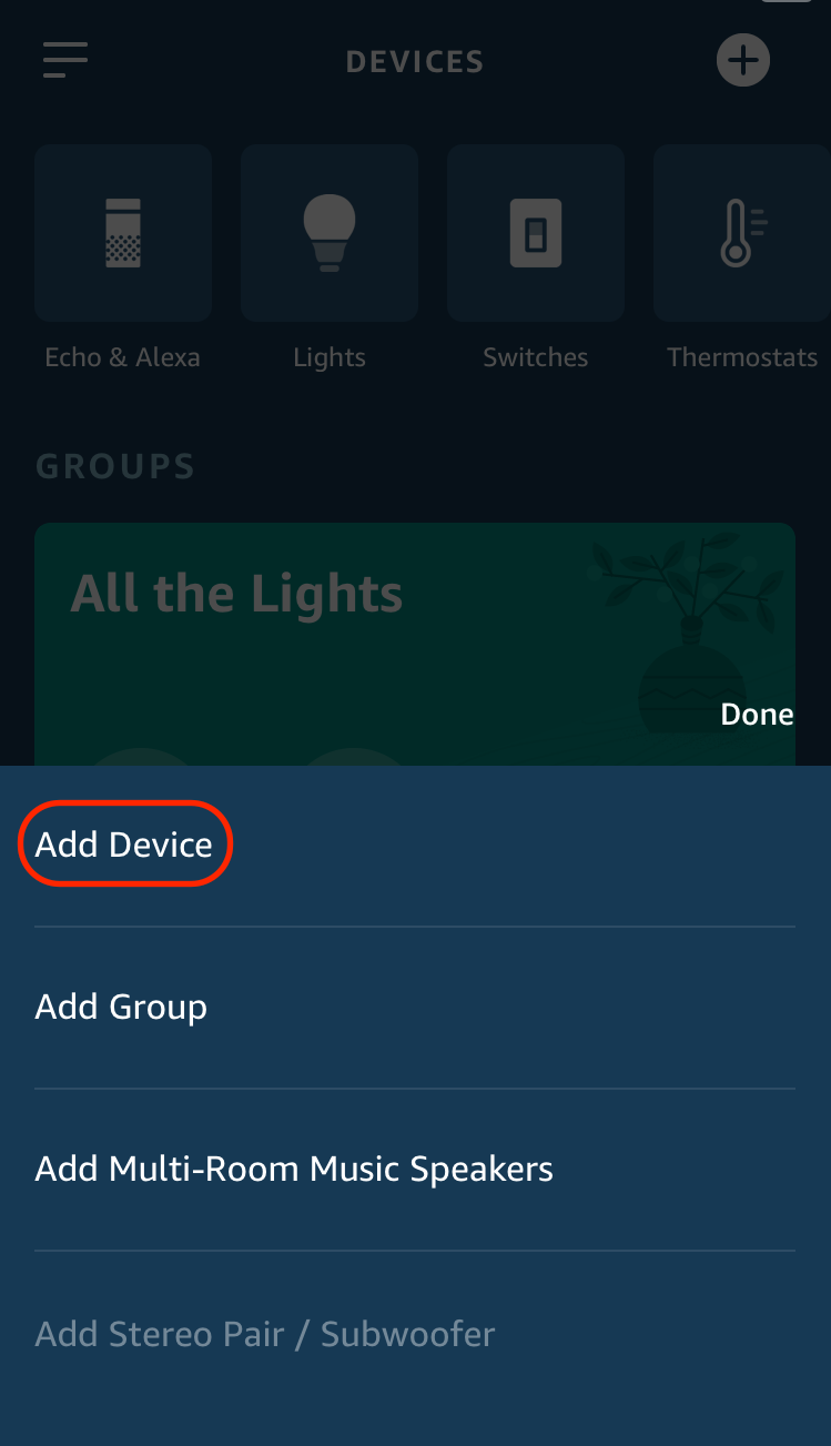 Screenshot: "Add Device" button in Alexa mobile app