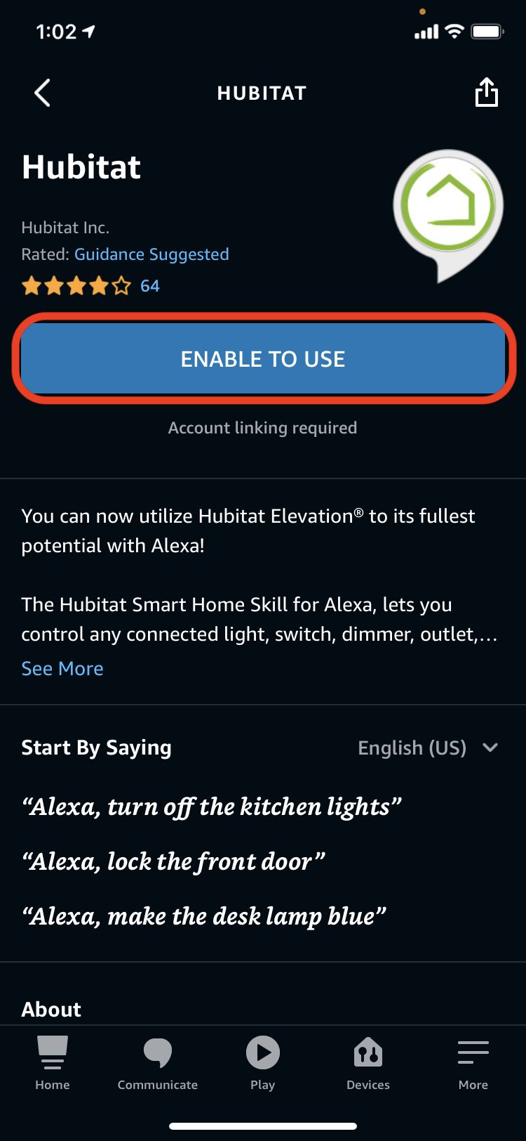 Screenshot: "Enable to Use" button on Alexa Skill