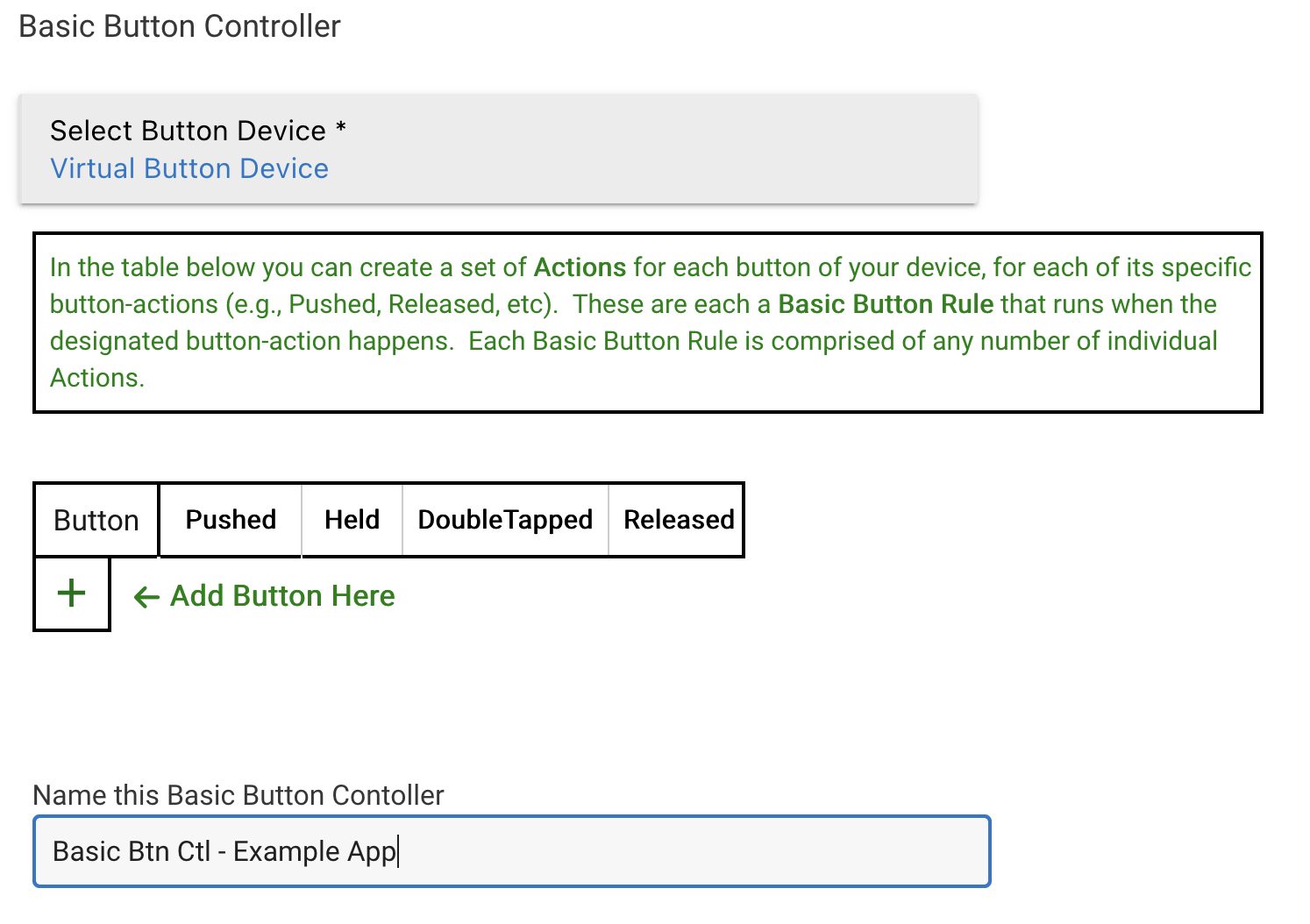 Screenshot of Basic Button Controller app main page