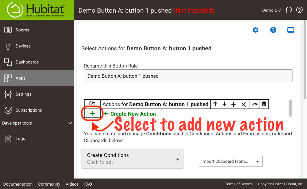 Screenshot: "Create New Action" link, "+" icon, in Button Rule