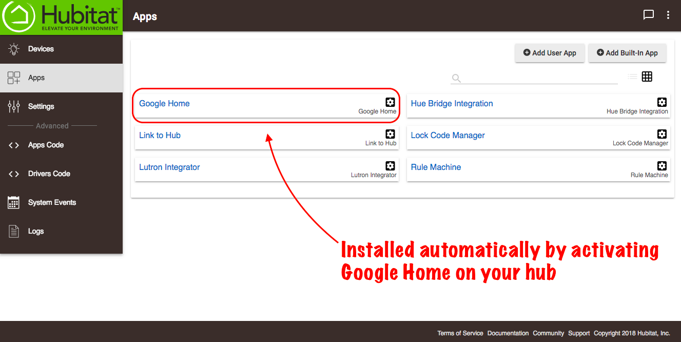 Screenshot of Google Home app listed in Hubitat Apps list