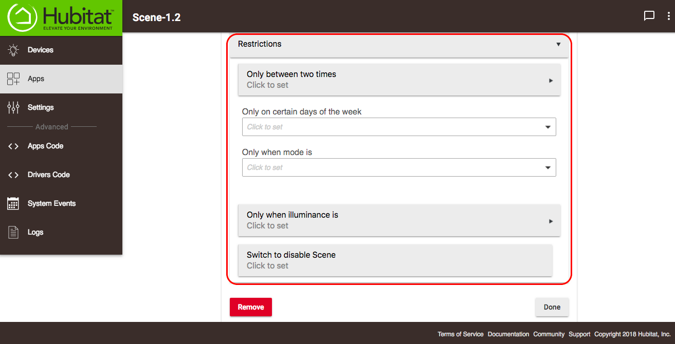 Screenshot of restrictions options in scene