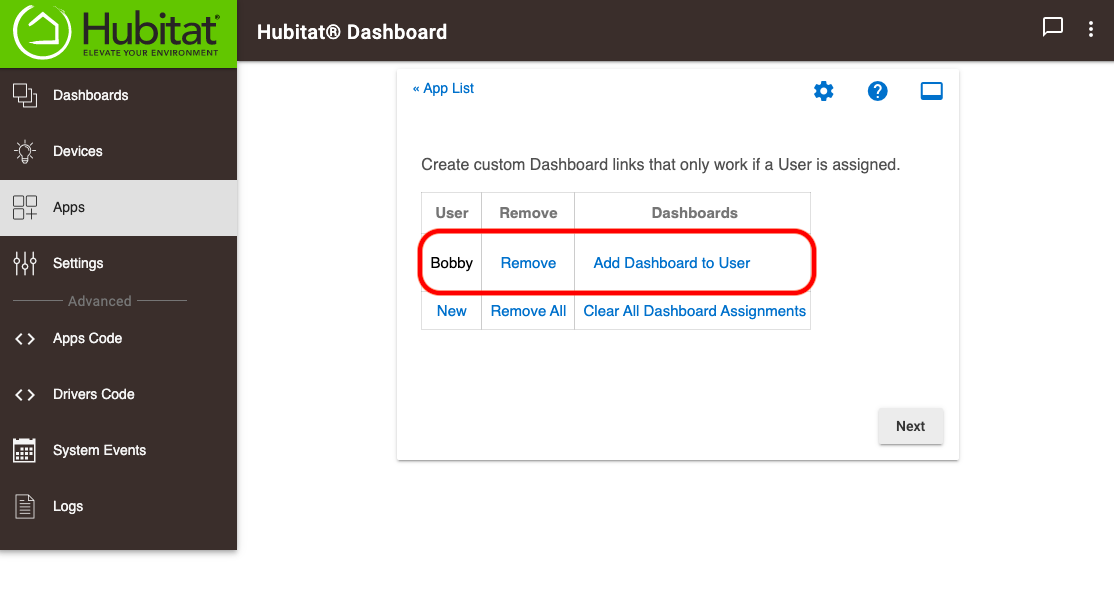 Screenshot - Dashboard add dashboard to user for per-user dashboard