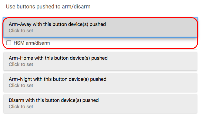 Screenshot of "Use buttons pushed to arm/disarm" button device selection