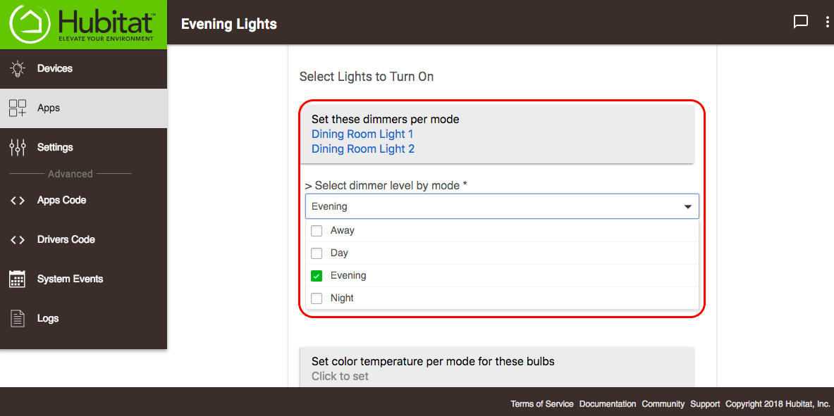 Screenshot of "Lights to turn on" with options selected
