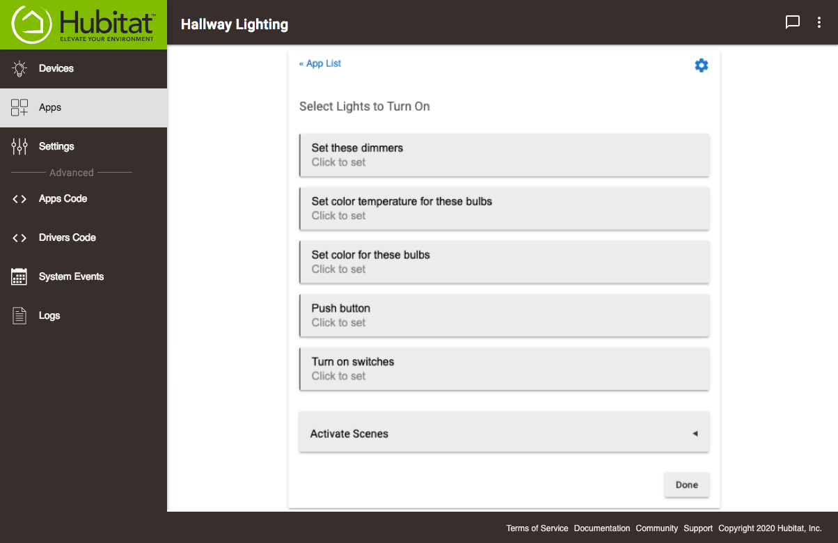 Screenshot of "Select Lights to Turn On" options