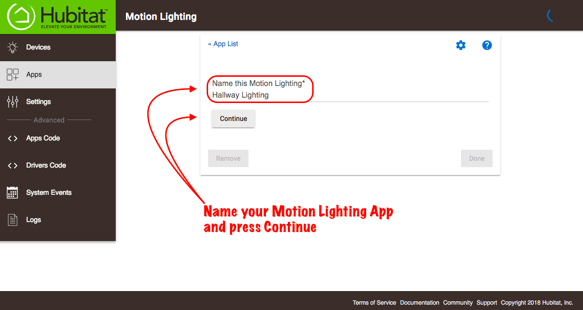 Screenshot of "Name this Motion Ligthing app" and "Continue" button