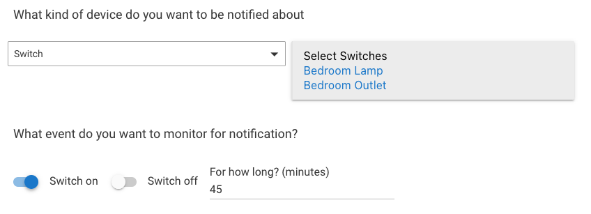Screenshot: Multiple devices selected and 'for how long?' selected with '45 minutes'