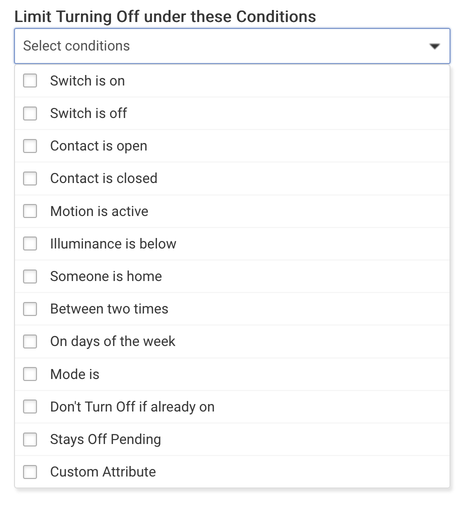 Screenshot of "Limit turning off under these conditions" options