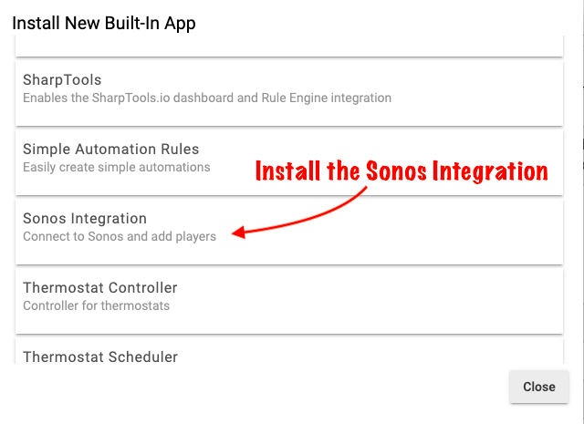 Screenshot of "Sonos Integration" in built-in apps list