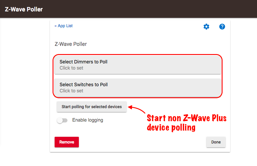 Screensot of "Select dimmers to poll" and "Select switches to poll" options