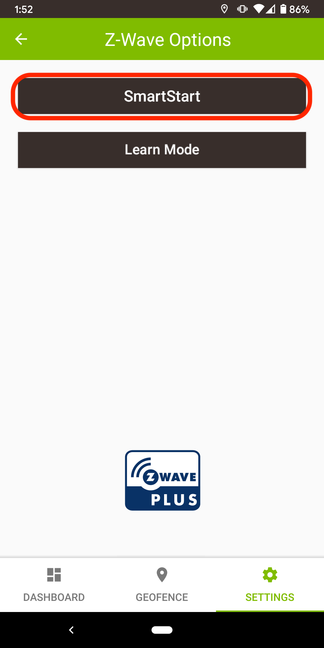 Mobile app SmartStart options page screenshot