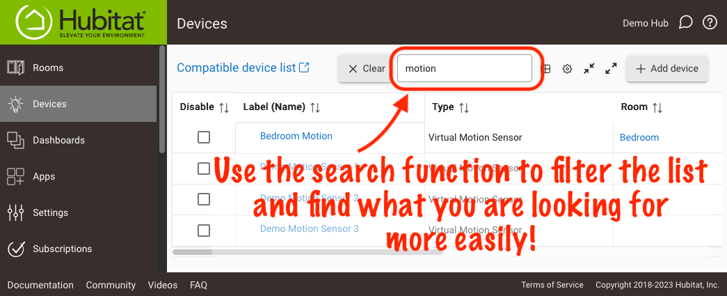 Screenshot highlighting search box above app and device lists