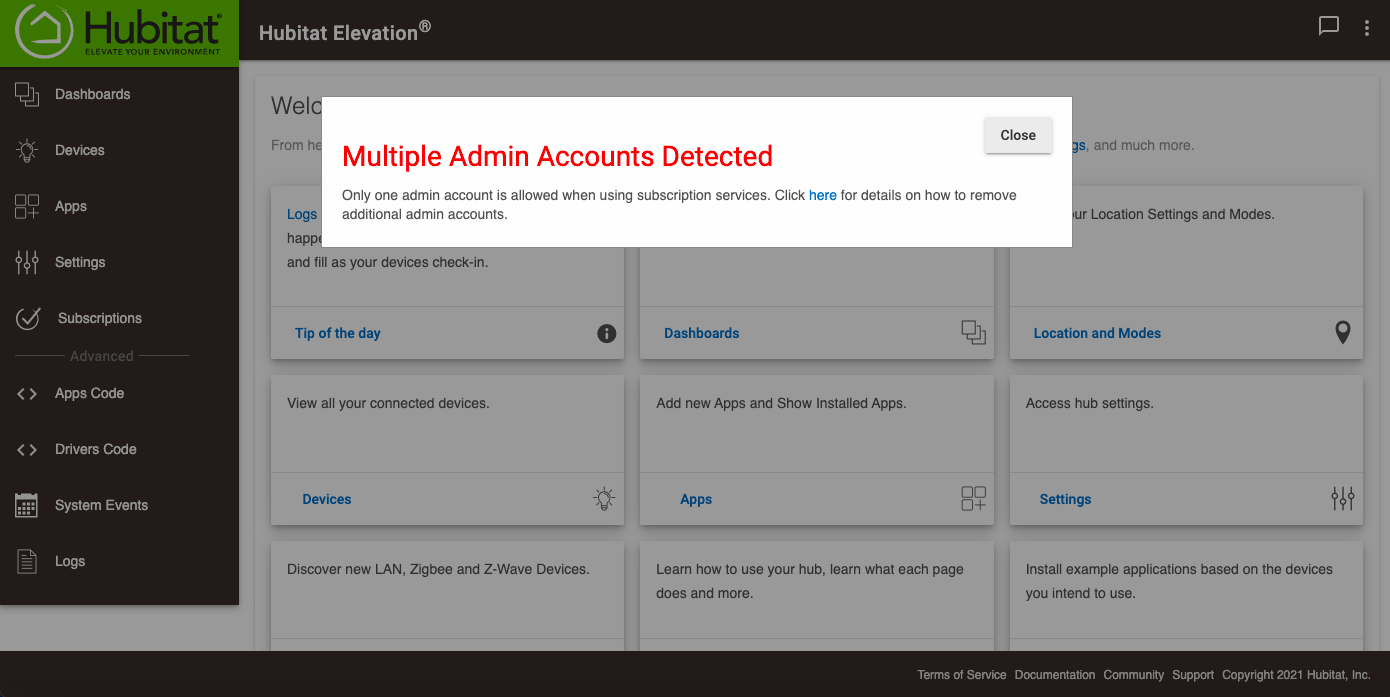 Screenshot: "Multiple Admin Accounts Detected" error in web interface