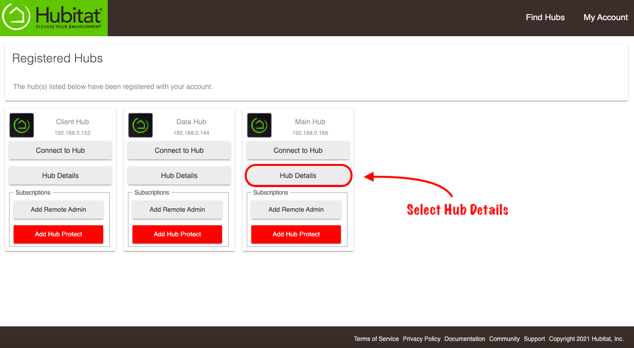 Screenshot: "Hub Details" button for hub in My Hubitat