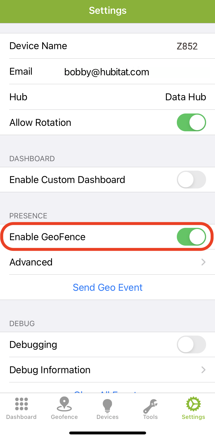 Screenshot:  Enable GeoFence option
