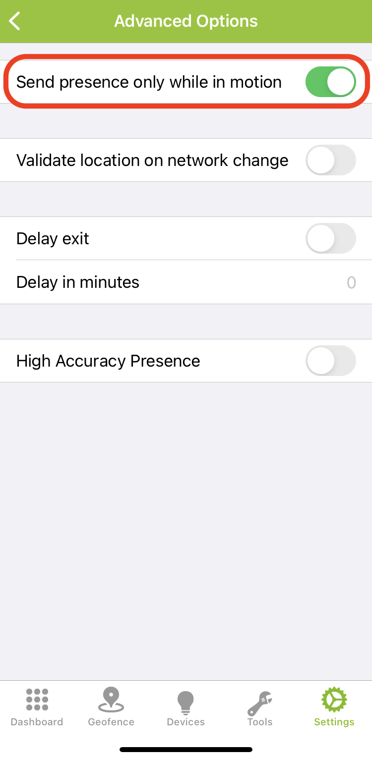 Screenshot:  send presence in motion option