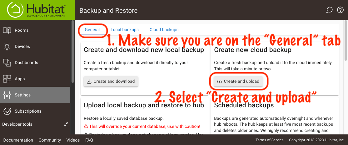 Screenshot: "Backup" button to create cloud backup manually at any time