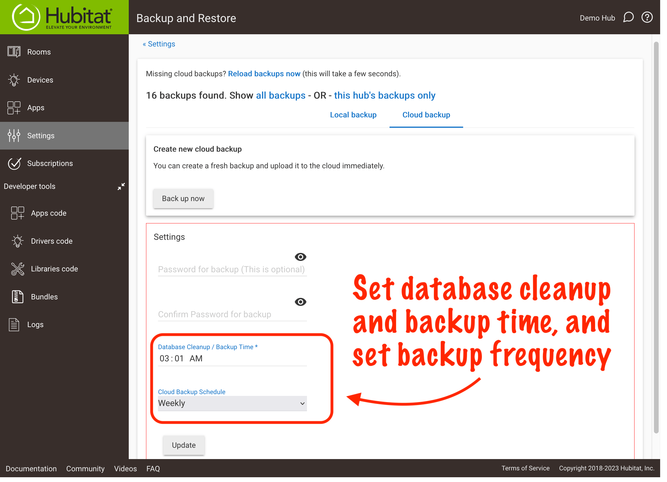 Screenshot: cloud backup time and frequency options
