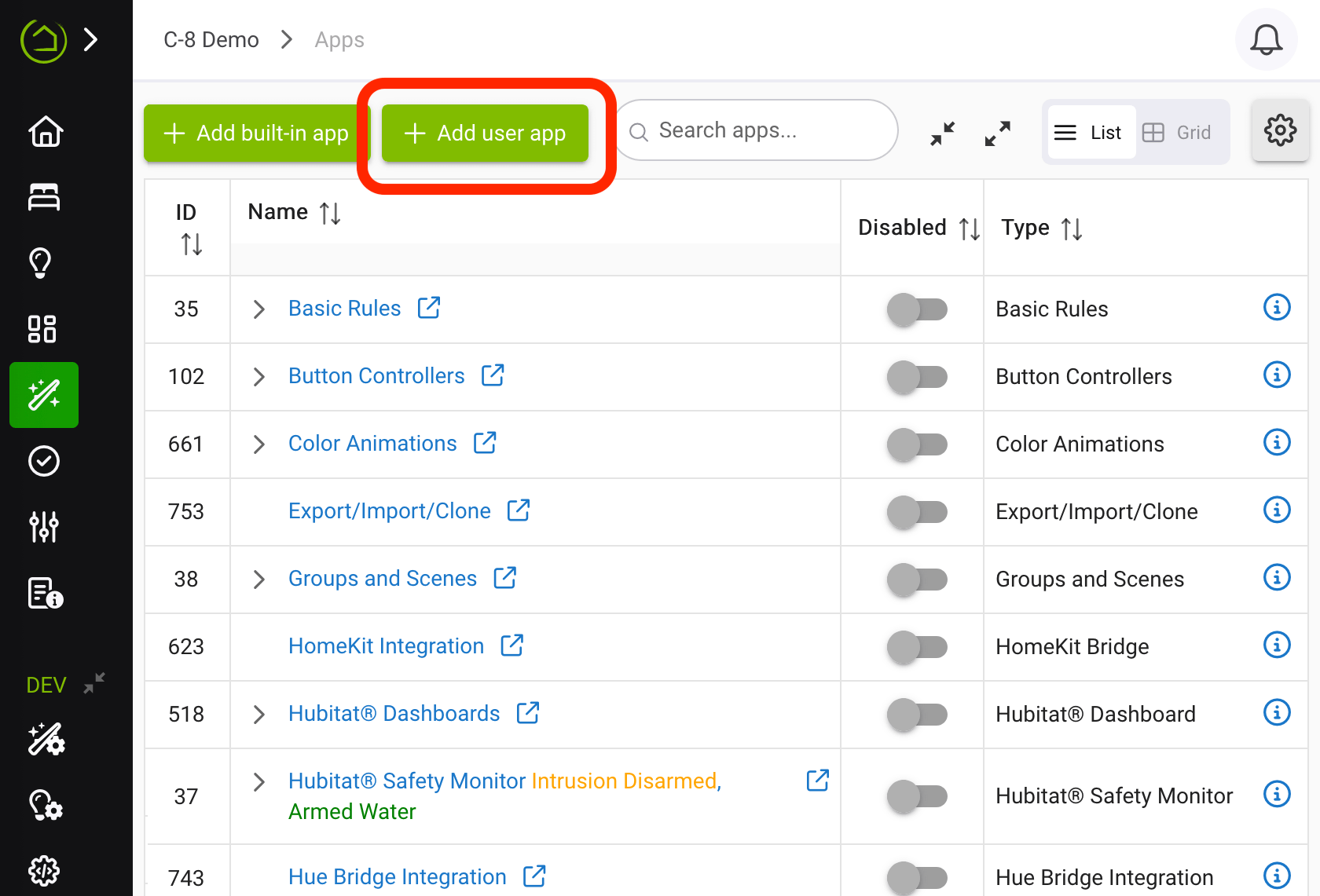 Screnshot of "Add User App" button on Apps page