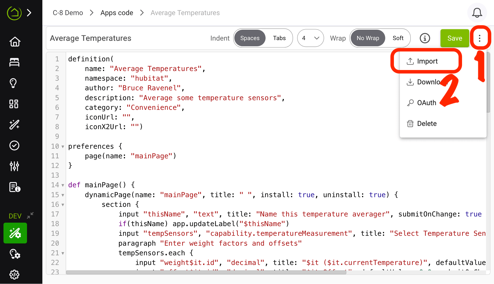 Screenshot of "Import" button in Apps Code code section (type or paste URL containing raw/plain-text code)