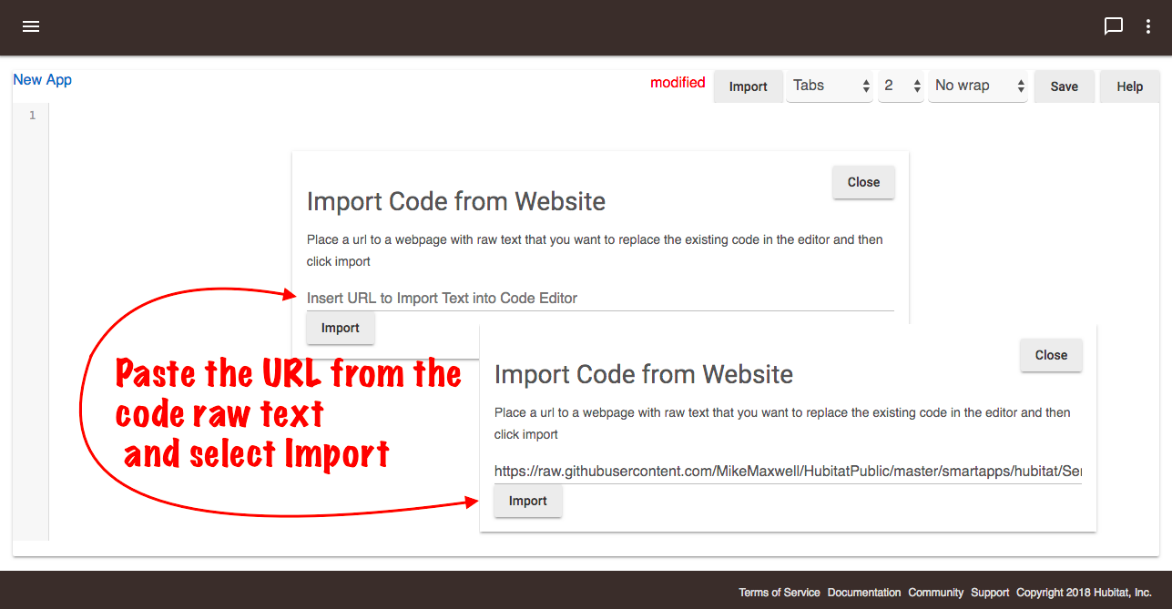 Screenshot of "Import" button in Apps Code code section (type or paste URL containing raw/plain-text code)