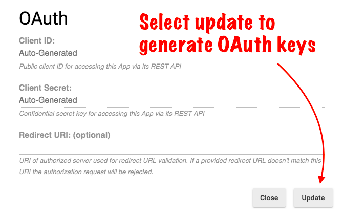 Screenshot: "Update" button in OAuth dialog (to generate  keys)