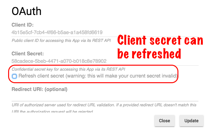 Screenshot of "Refresh client secret" checkbox (to generate new keys)