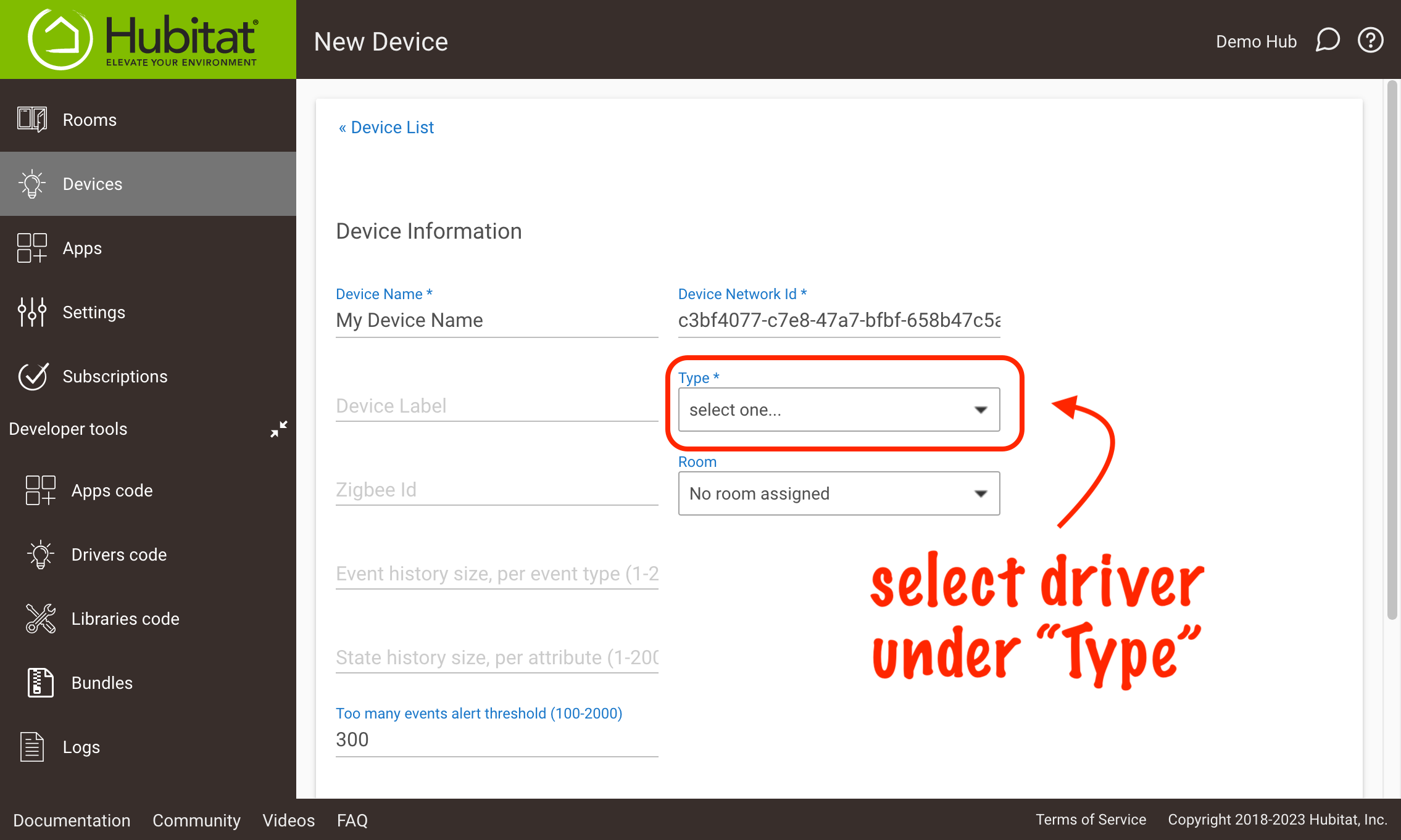 Screenshot of "Type" dropdown on device detail page