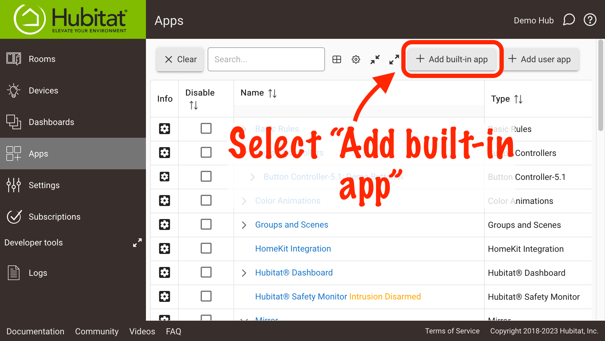 Screenshot of "Add Built-In App" button on Apps page