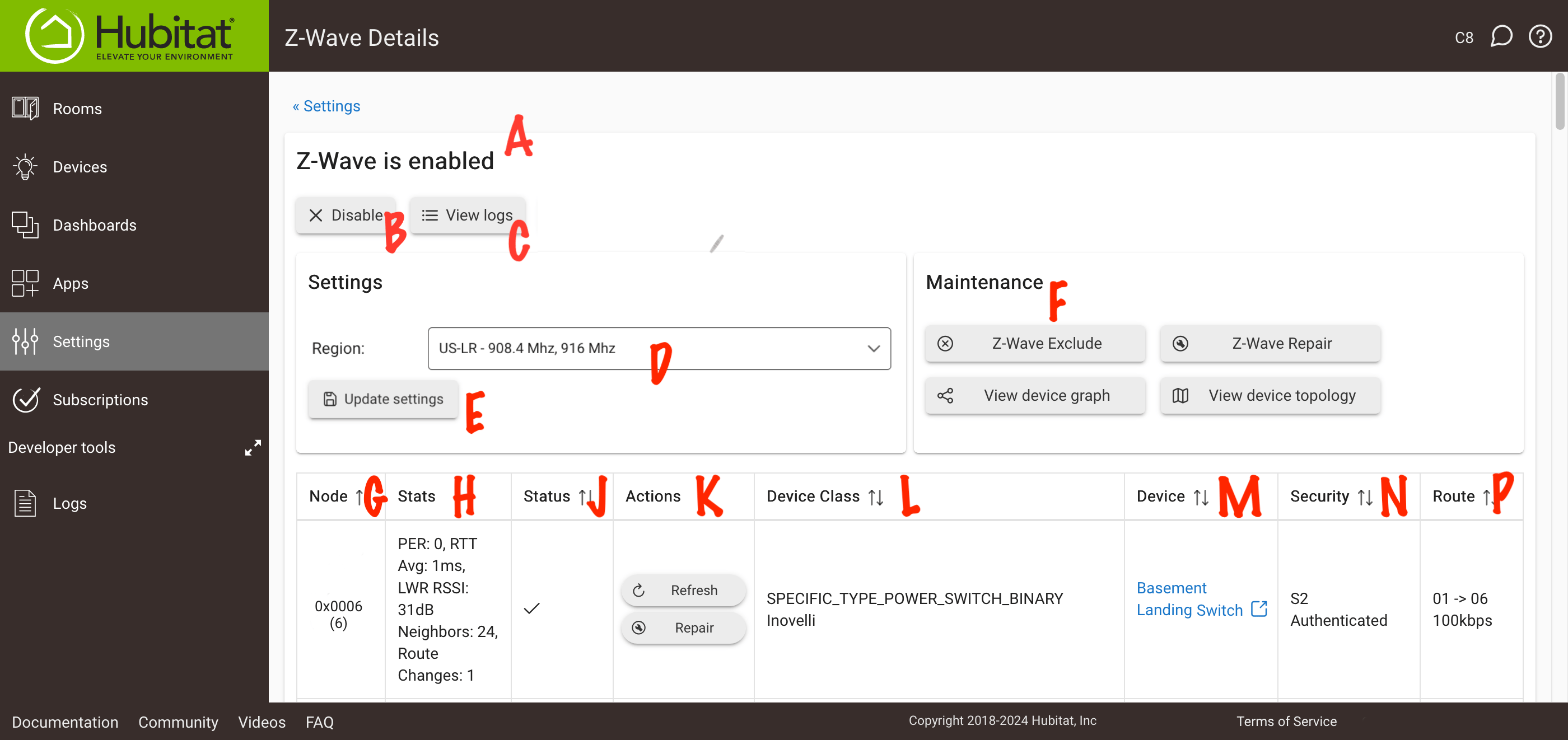 Screenshot: "Z-Wave Details" page, offering buttons for "Z-Wave Repair," "View (Z-Wave) Logs," "Firmware Update" (if available),"View device topology," region and enable/disable settings, and a list of Z-Wave Radio Devices with reset option