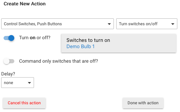 Screenshot of action selected to turn switch on
