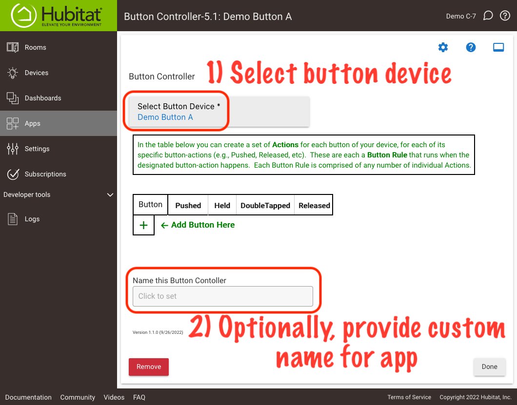 Screenshot of Button Controller app with device and name selectors