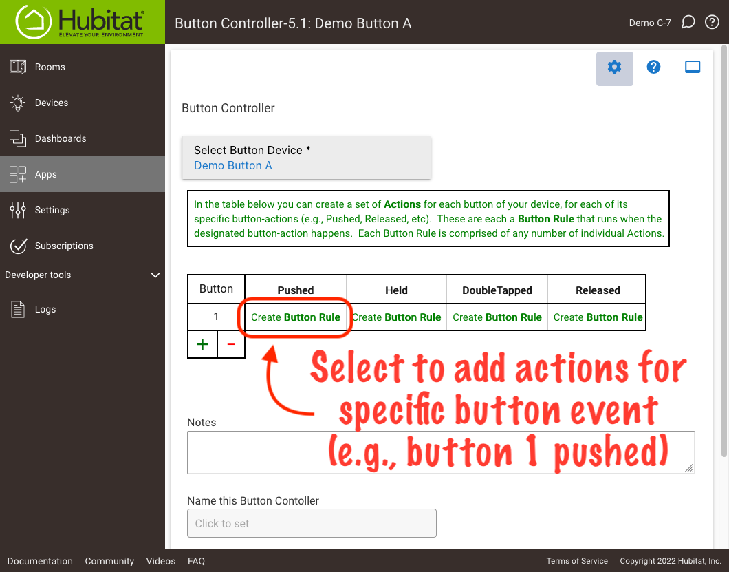 Screenshot of Button Controller with "Create Button Rule" link for "button 1 pushed" highlighted