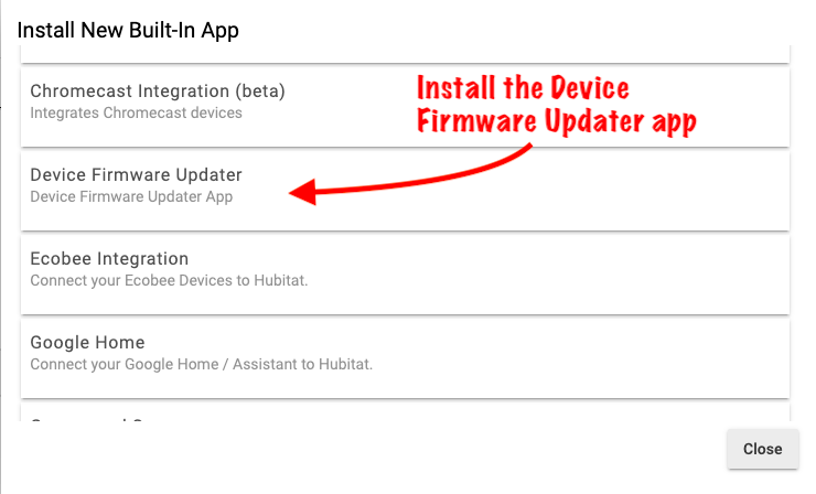 Screenshot: select Device Firmware Update app from list