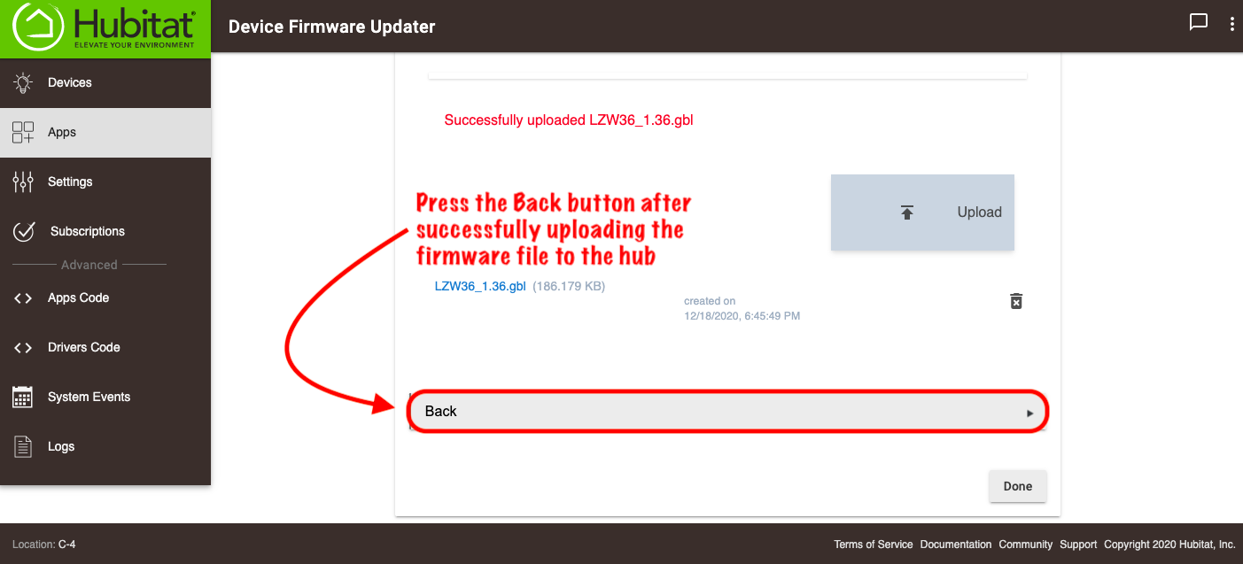 Screenshot of "Back" button to navigate back after firmware upload