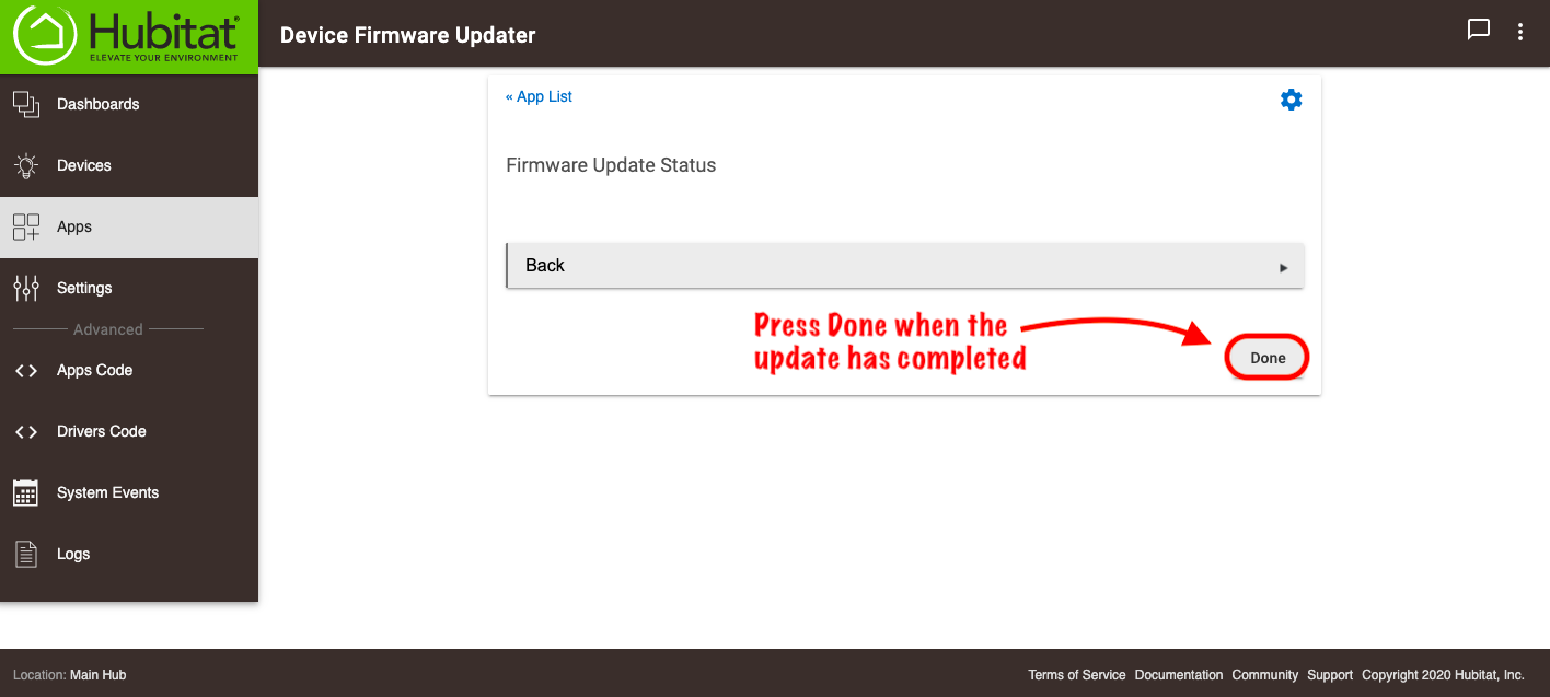 Screenshot of "Done" button in Firmware Updater