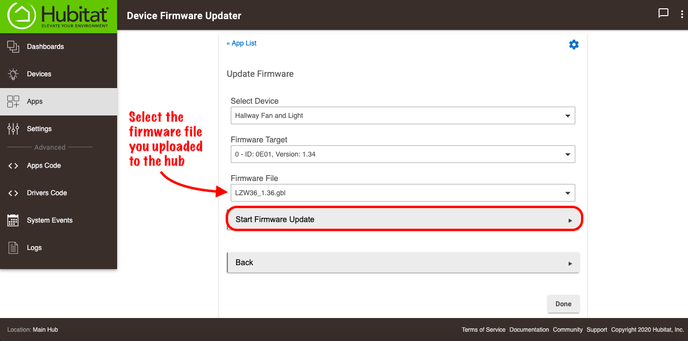 Screenshot: "Select device firmware file" and "Start Firmware Update"