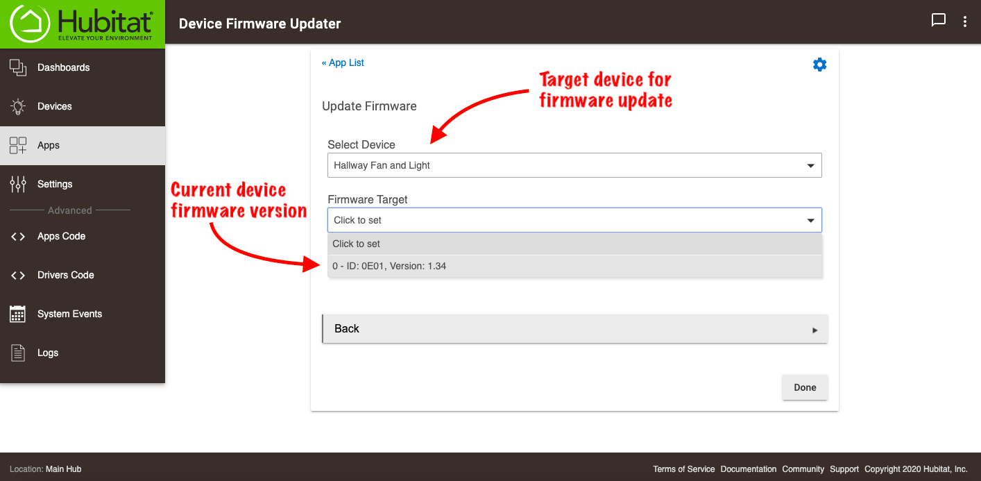 Screenshot: Select target device for firmware update