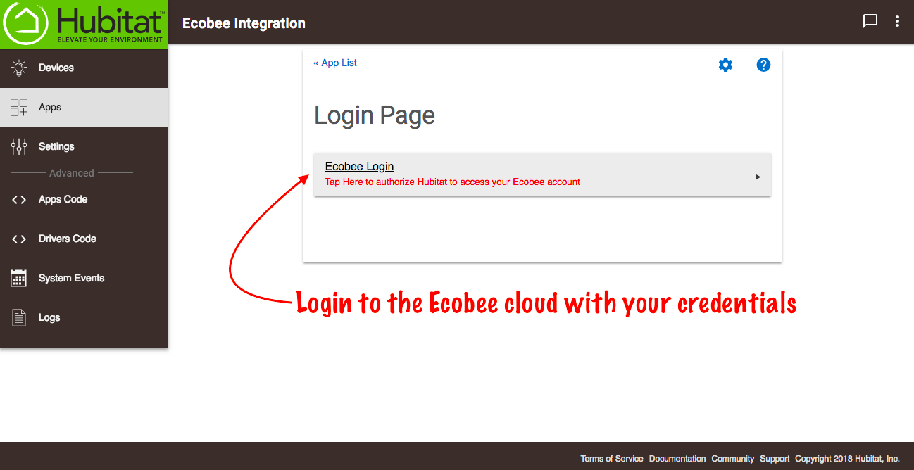 Screenshot of "Ecobee Login" link in Hubitat Ecobee app