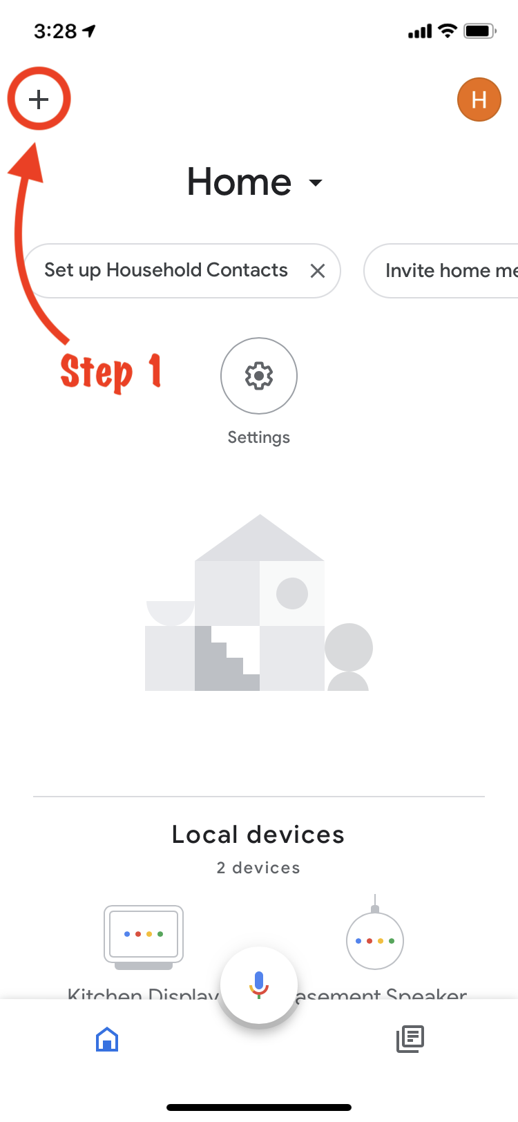 Screenshot of "+" button in Google Home app