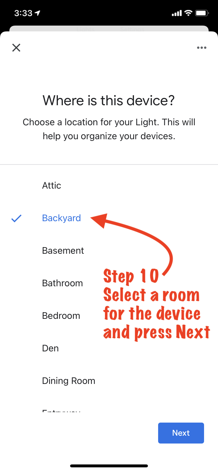 Screenshot of "Where is this device" in Google Home app
