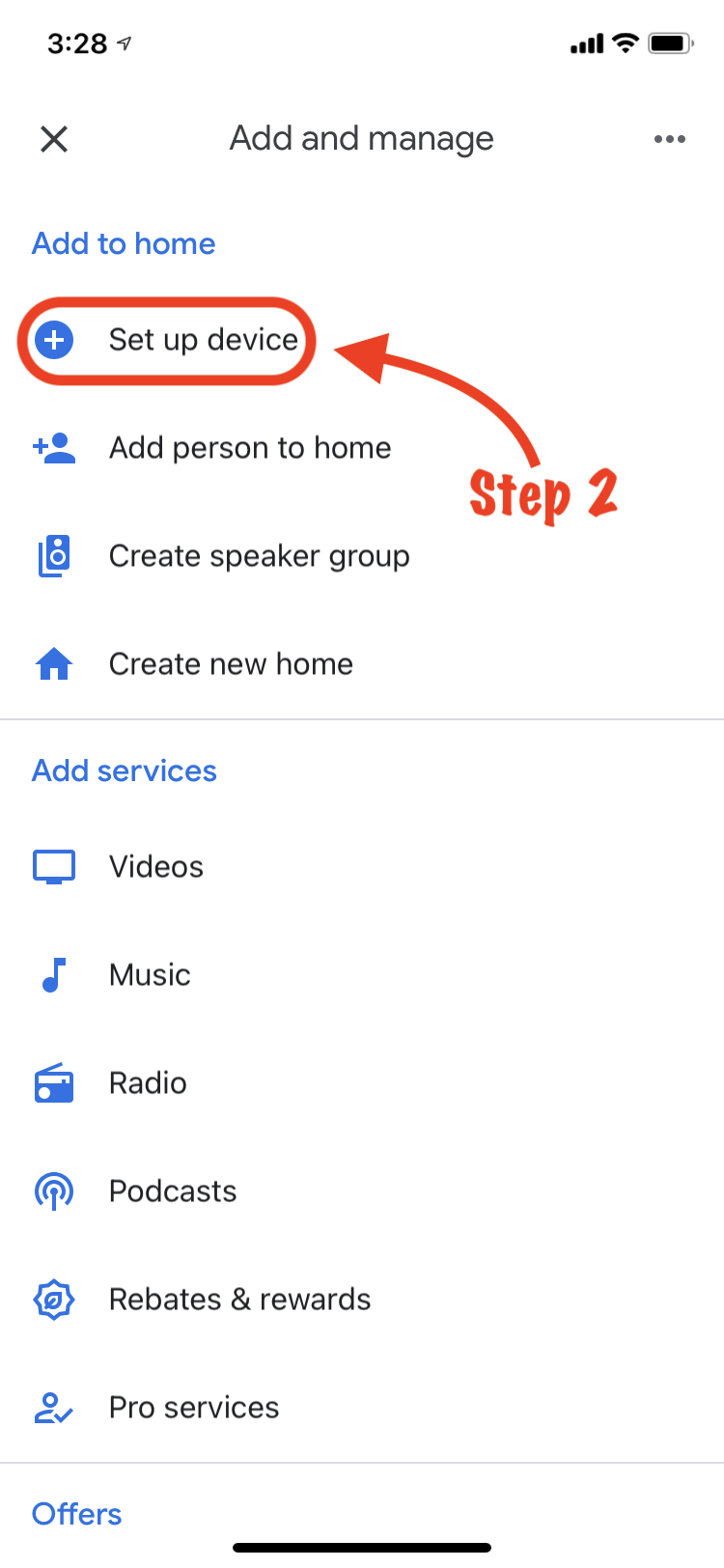 Screenshot of "Set up device" option in Google Home app