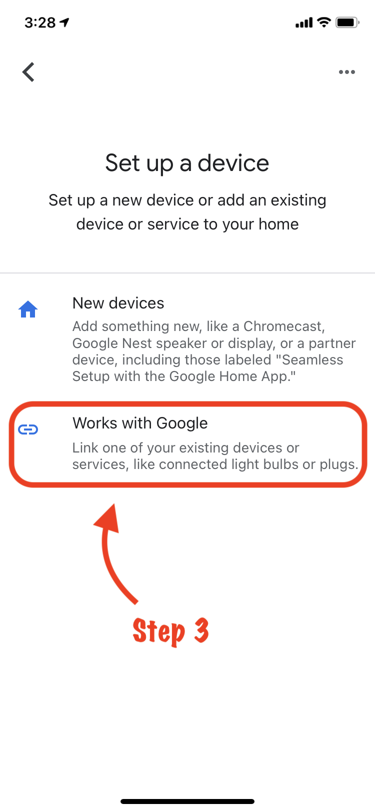 Screenshot of "Works with Google" option in Google Home app
