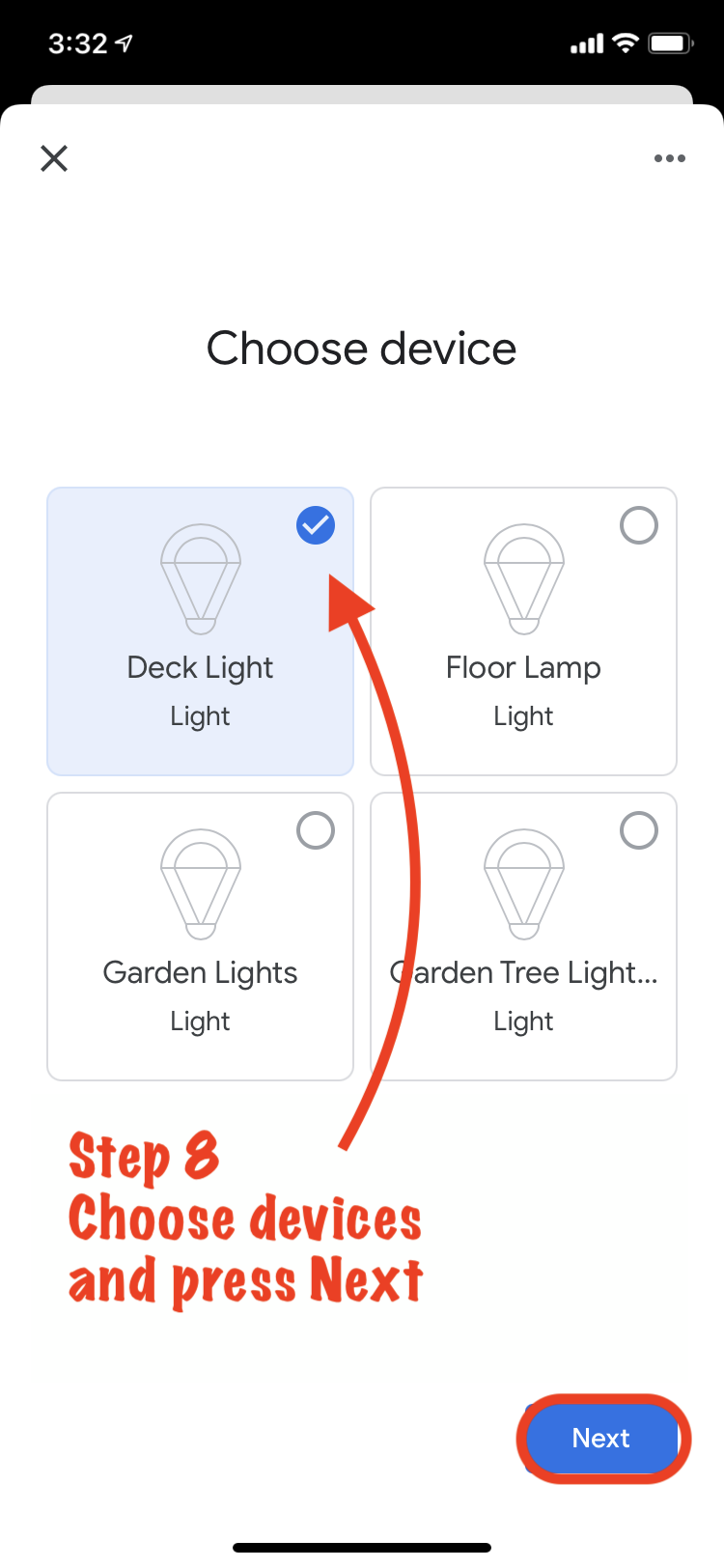 Screenshot of "Choose Device" in Google Home app