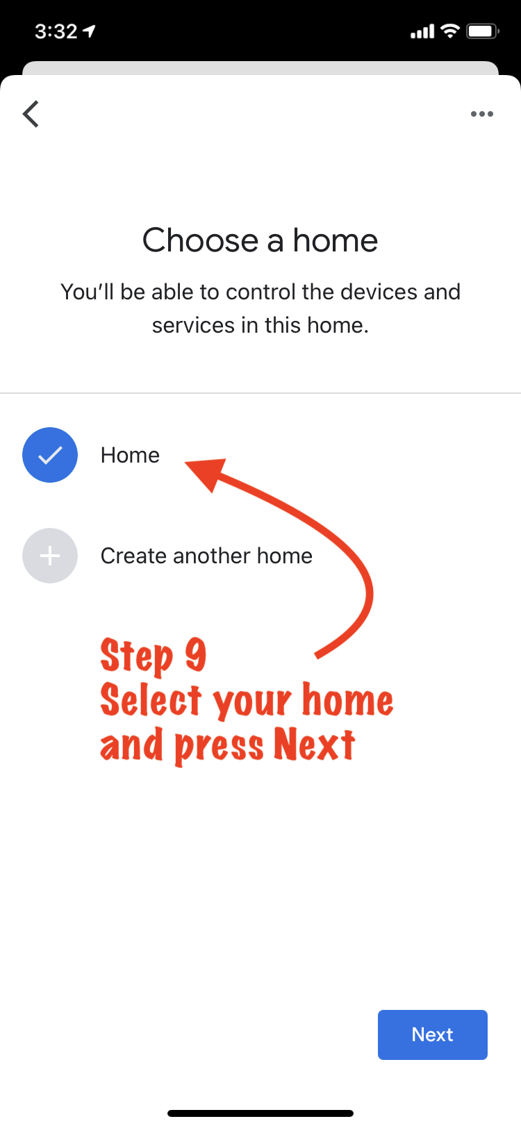 Screenshot of "Choose a home" in Google Home app