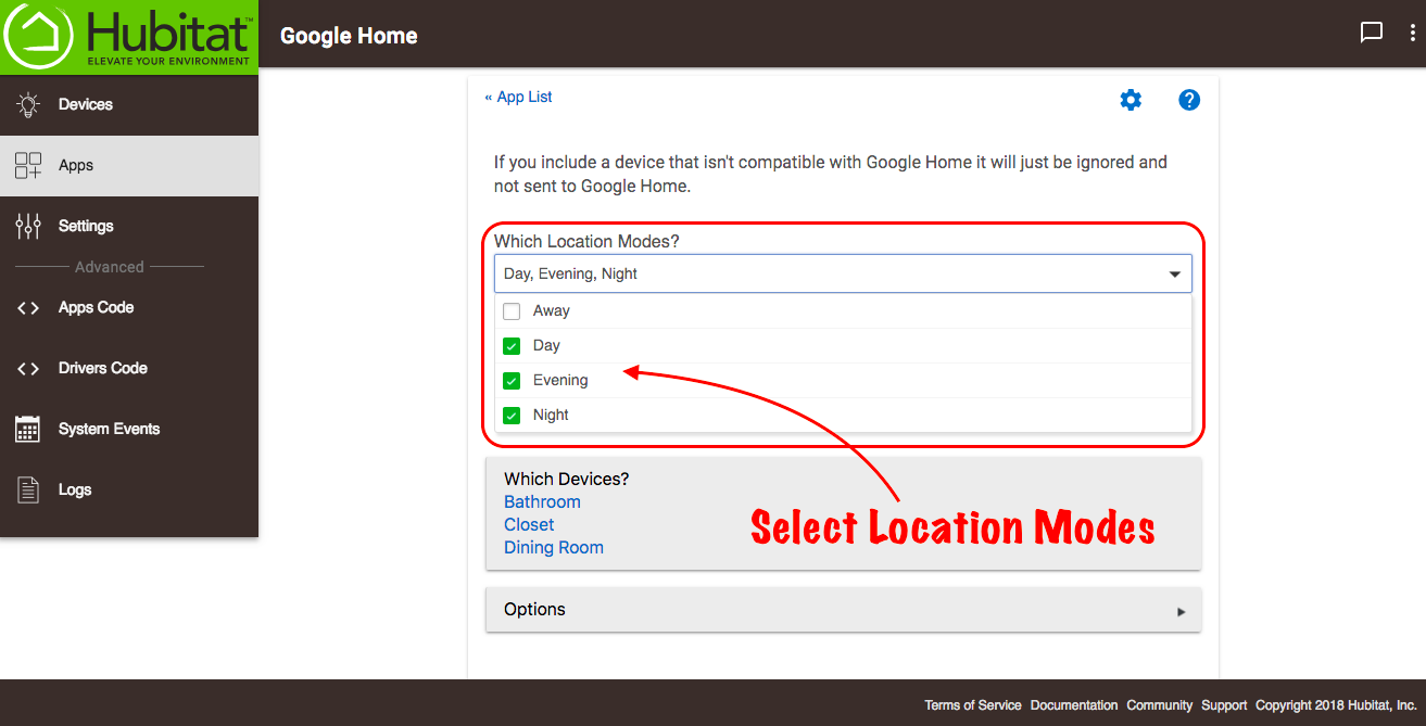 Screenshot of "Which location modes?" in Google Home ap in Hubitat