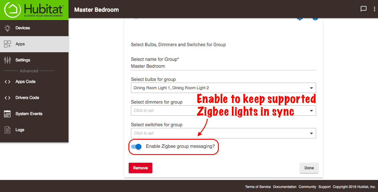 Screenshot of "Enable Zigbee group messaging" option