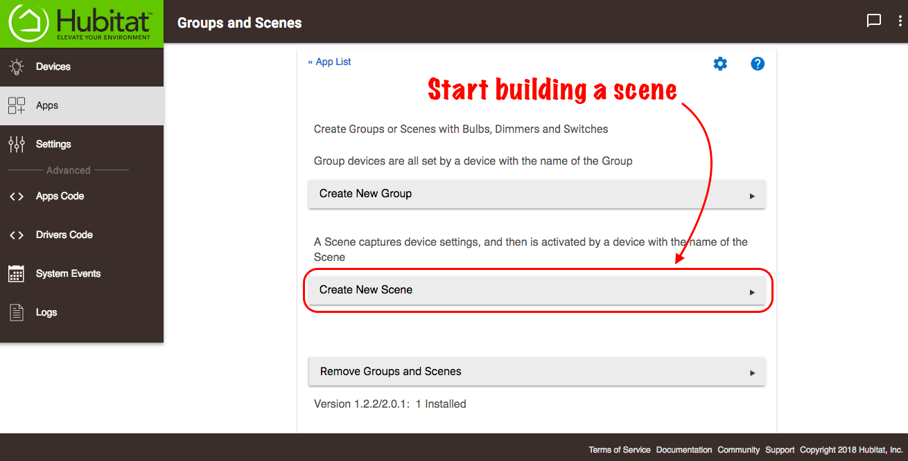 Screenshot of "Create New Scene" option in Groups and Scenes app